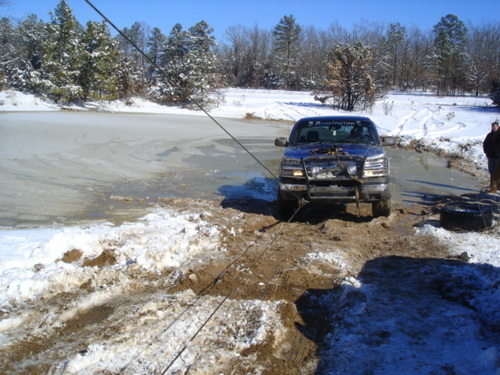 Recovering a truck from a frozen pond