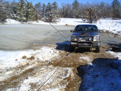 Recovering a truck from a frozen pond