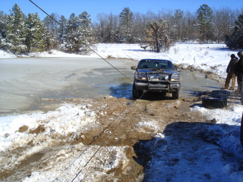 Recovering a truck from a frozen pond