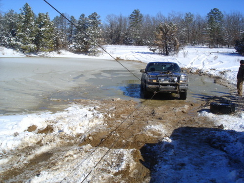 Recovering a truck from a frozen pond