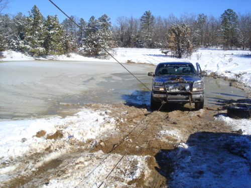 Recovering a truck from a frozen pond